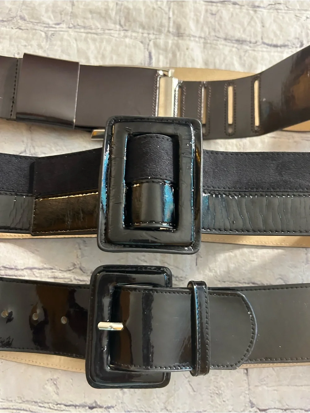 LAKE SHORE DRIVE WIDE BLACK PATENT LEATHER & (2)  PATENT BLACK & BROWN BELTS